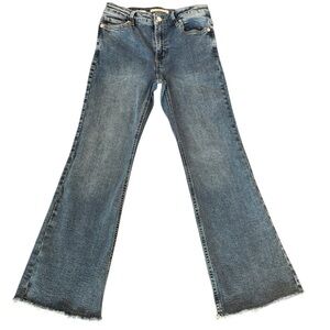MNG Denim Sienna Womens Jeans Size 6 Blue Cropped Raw Hem Flare Leg Dark Wash